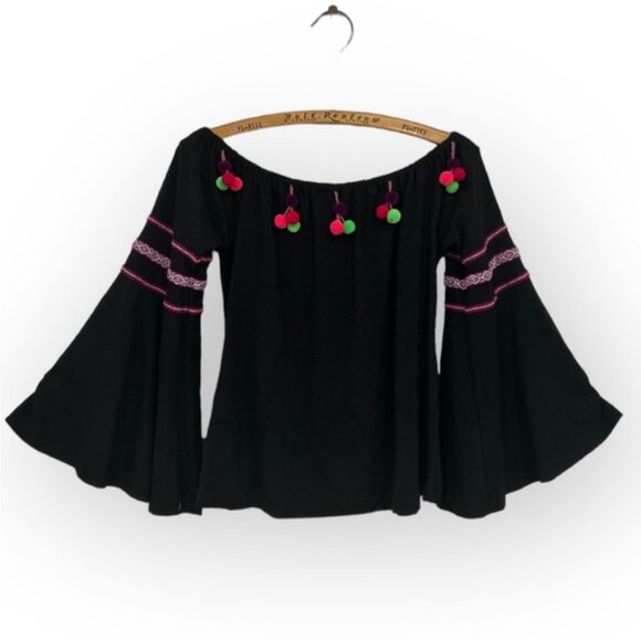 Pitusa Stretch Cotton OTS Peasant Blouse with Dingle Balls - Picture 10 of 15